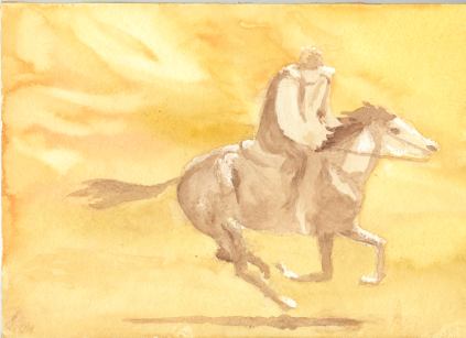 aquarel, 17-11-2004, man, racepaard 17x24 cm
