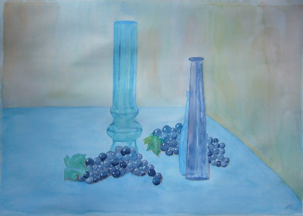 19-11-2006, aquarel  flessen met druiven, 64x45 cm